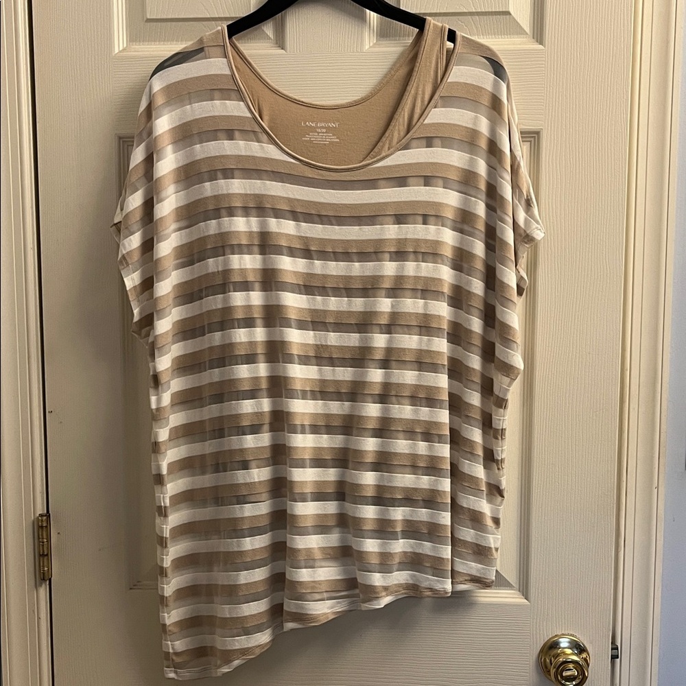 #84 Lane Bryant Beige and White Striped Short Sleeve Asymmetrical Top 18/20